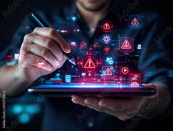 Fototapeta Businessman using stylus on tablet with glowing cybersecurity warning icons, digital security threats, and futuristic tech interface, on dark background. Ai generative