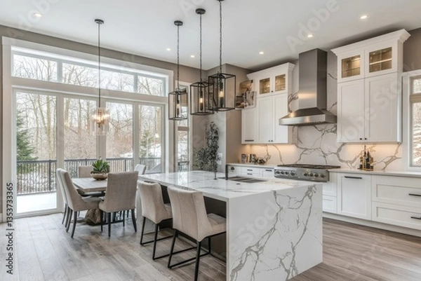 Fototapeta a modern and stylish kitchen interior with an island, cabinets, and large windows offering a view