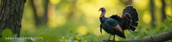 Fototapeta A cool turkey with aviator sunglasses perched on a tree branch, sunglasses, nature