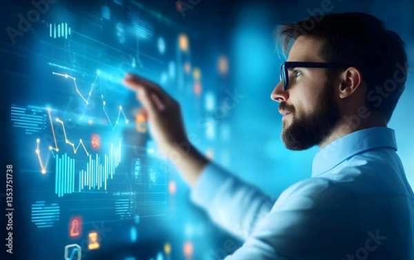 Fototapeta A focused man analyzes data on a futuristic touchscreen, showcasing modern technology in data visualization and analysis.