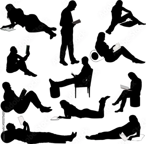 Obraz people reading books silhouettes - vector