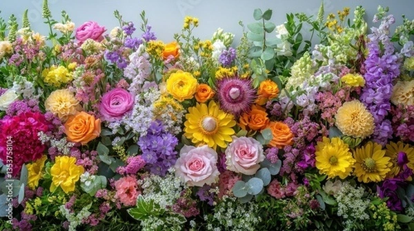 Obraz Vibrant colorful floral arrangement with various flowers like roses, sunflowers, and dahlias.