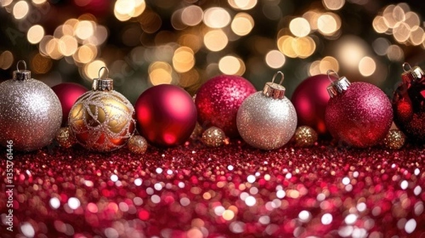 Fototapeta Sparkling Red & Silver Ornaments Shine Brightly on Festive Glitter