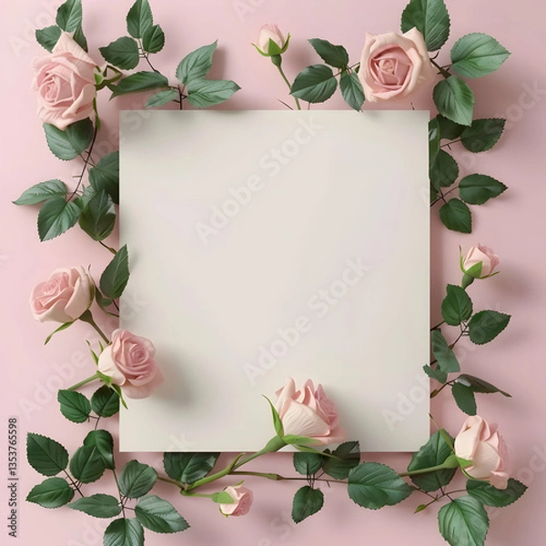 Obraz A blank square surrounded by pink roses and green leaves on a soft pink background.