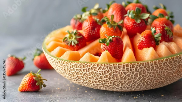Obraz A bowl of cantaloupe slices topped with fresh strawberries, perfect for a summer snack.