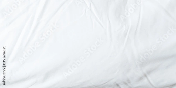 Fototapeta White bedsheet background, bed sheet texture, wrinkled duvet, crumpled satin blanket comforter cloth used in hotel, resort or home interior for bedding sleep comfort