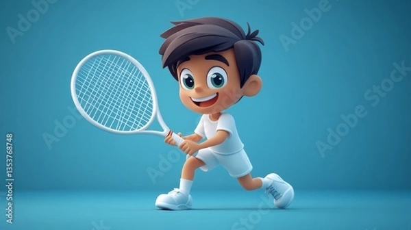 Fototapeta Exciting tennis action young player competing sports arena animated illustration fun environment dynamic viewpoint