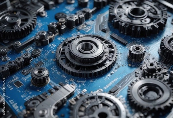 Fototapeta Blue and black digital circuit board with gears and cogs, circuitry, tech gadgets