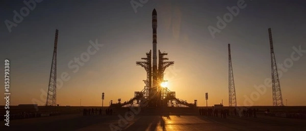 Obraz Rocket launch pad silhouetted against a sunset, showcasing a spacecraft and towers, highlighting space exploration technology.
