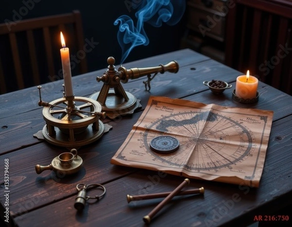 Fototapeta Antique navigational tools and chart displayed on a wooden table in a dimly lit room