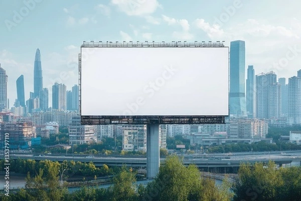 Fototapeta Premium Quality Visual of a Billboard with a City Skyline in the Background