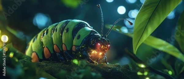 Fototapeta A vibrant, luminescent caterpillar rests among lush greenery, surrounded by soft, glowing lights, creating a magical, enchanted atmosphere.