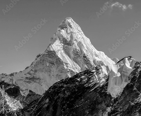 Fototapeta View of the Ama Dablam (6814 m) from Kala Patthar slope - Everest region, Nepal, Himalayas (black and white)