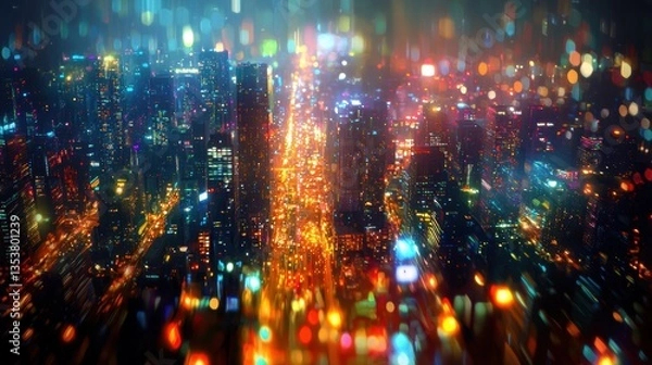 Fototapeta Stunning view of a city at night with twinkling lights and vibrant urban life below