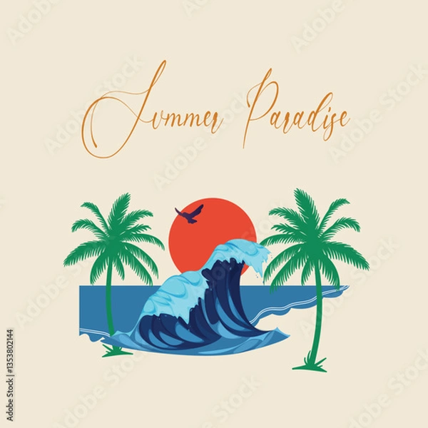 Fototapeta Summer paradise artwork. Abstract artwork. Happiness comes in wave. Life is good vibes vector graphic design for apparel, stickers, posters, background and others.