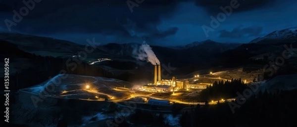 Fototapeta A nighttime industrial scene featuring smokestacks and lit buildings surrounded by mountains.