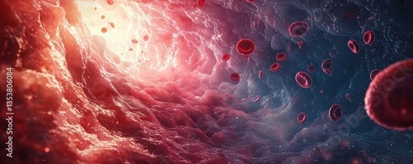 Fototapeta Abstract representation of human blood flow showcasing red blood cells in a colorful artery structure
