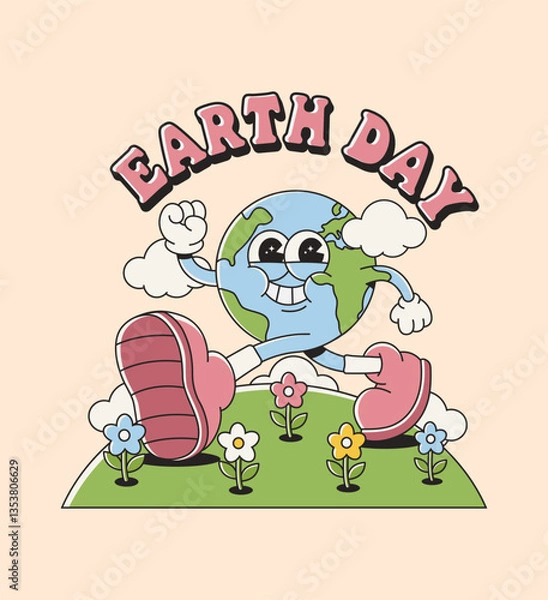 Fototapeta Retro groovy planet Earth character. Funky walking globe sneakers. Earth day, World Environment Day. Vector illustration