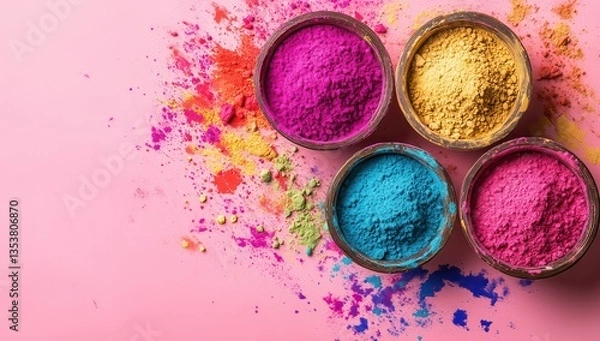Fototapeta Vibrant Colorful Powders in Bowls on Pink Surface with Colorful Powder Spread for Creative Background and Artistic Inspiration