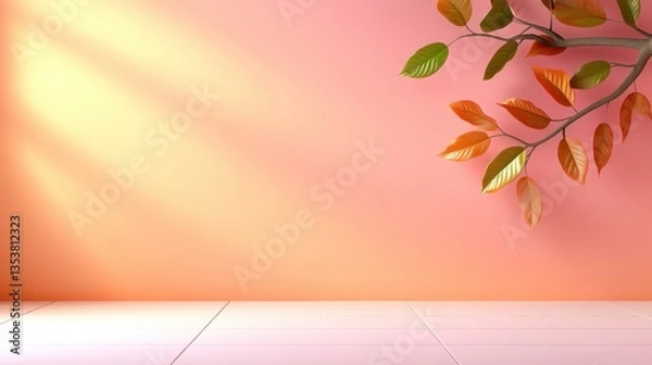 Obraz Autumn leaves branch with orange and green leaves on a pink wall background with soft sunlight. Pink surface in foreground provides copy space.