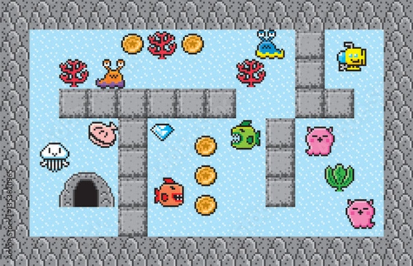 Obraz 探検ゲーム風ドット絵　画面　潜水艦