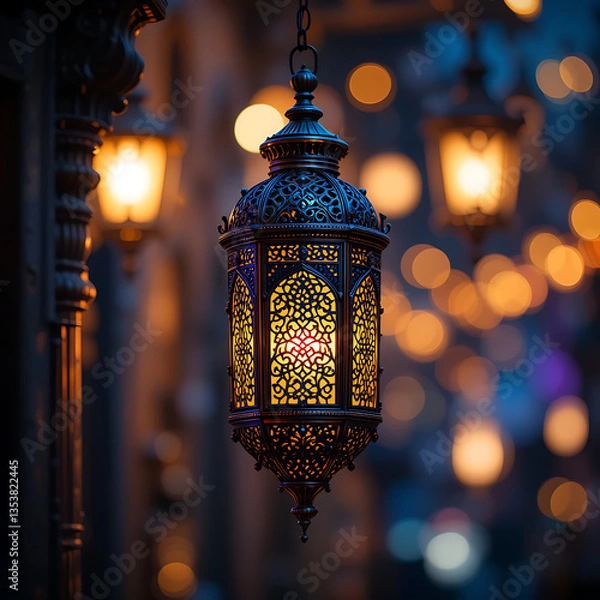 Fototapeta beautiful Ramadan lantern with golden and turquoise colors, The intricate metalwork casts enchanting patterns,