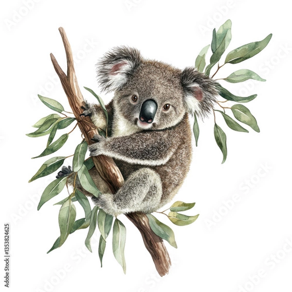 Fototapeta Adorable Koala Clinging to a Eucalyptus Tree on white background