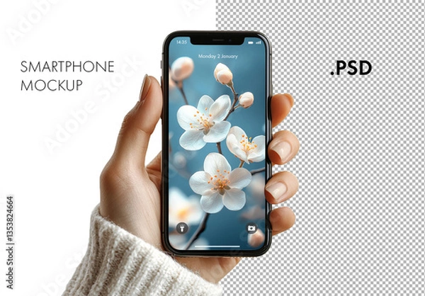 Fototapeta A womans hand holding a smartphone mockup