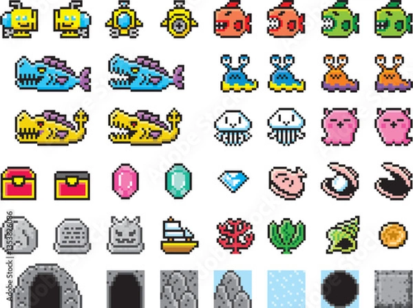 Obraz 探検ゲーム風ドット絵　海　潜水艦セット