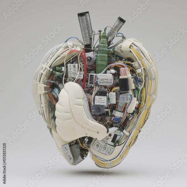 Obraz A heart-shaped wiring design featuring intricate electronic circuits and devices. The detailed connections and components symbolize technology, innovation, and the fusion of electronics with emotion