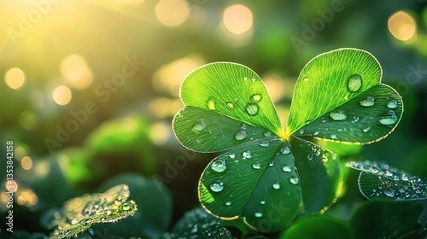 Obraz Vibrant green clover with dew drops bathed in golden sunlight, symbolizing luck and renewal in nature's embrace.
