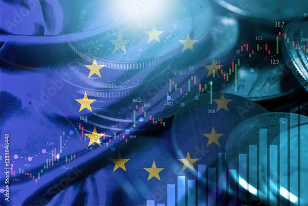 Obraz Double exposure of European Union flag and coins with stock market chart for Euro economy investment concept.