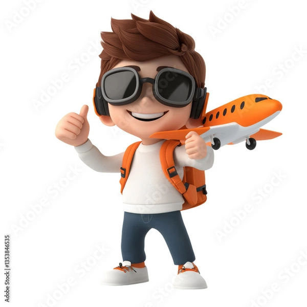 Fototapeta Cheerful cartoon character playing with toy plane