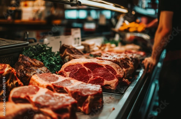 Fototapeta red steaks on display at the grocery store, raw meat in focus, natural lighting highlighting their texture and color