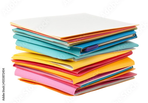 Fototapeta stack of colorful papers with blank white pages on top, with a transparent background