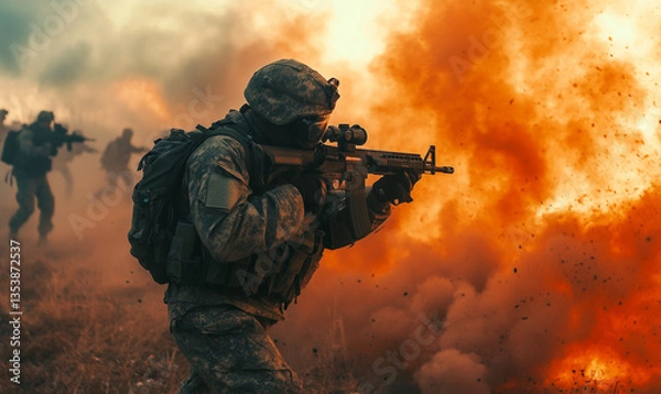 Fototapeta soldier in camouflage and a gas mask is standing on a field, holding an assault rifle