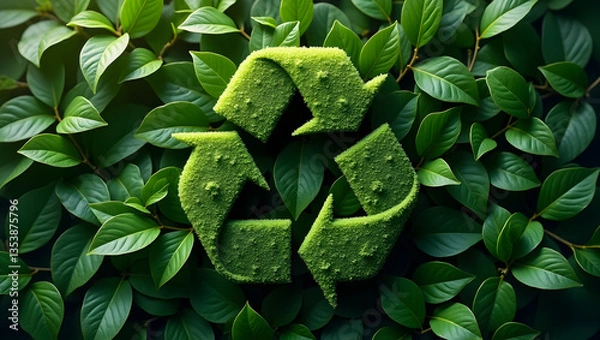 Obraz Green recycle symbol on leaves background, environmentally sustainable practices, recycling concept