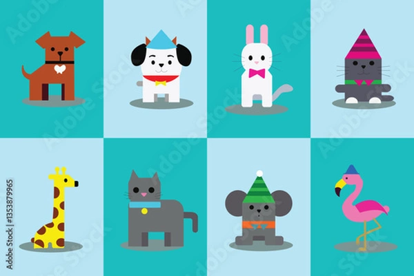Obraz Party Animal Flat Icon Set - Cute Colorful Vector Illustration