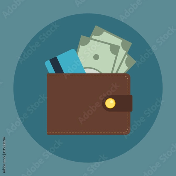 Obraz Brown leather wallet with some dollars and credit card in it. Flat business vector icon. Money symbol.
