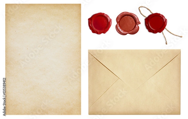 Fototapeta Old envelope and letter paper with wax seal stamps set isolated