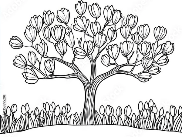 Fototapeta Blooming tree with tulips at its base.  Simple line drawing