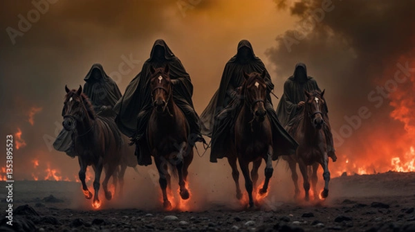 Fototapeta Four Horsemen of Apocalypse as described in Book of Revelation, symbolizing conquest, war, famine, death. Four Horsemen representing different aspect of biblical apocalyptic prophecy. End of world