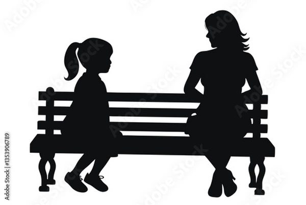 Obraz Mother daughter Sitting on a Park Bench Silhouette