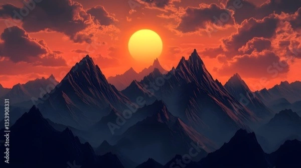 Fototapeta Majestic Mountains at Sunset: A dramatic landscape where mountain peaks are silhouetted against a vivid sky ablaze with the setting sun, creating a stunning vista.
