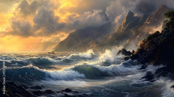 Fototapeta Seaside Majesty: The sea waves crashing along a rugged coast, mountains rise majestically in the background under a sky filled with dynamic clouds.