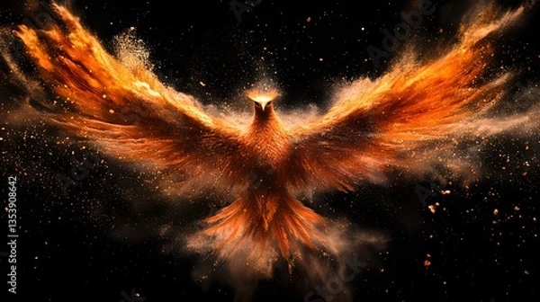 Fototapeta Phoenix Soaring: A majestic phoenix, ablaze with fiery colors, rises from the ashes against a backdrop of darkness. Capturing the symbolism of rebirth and strength.