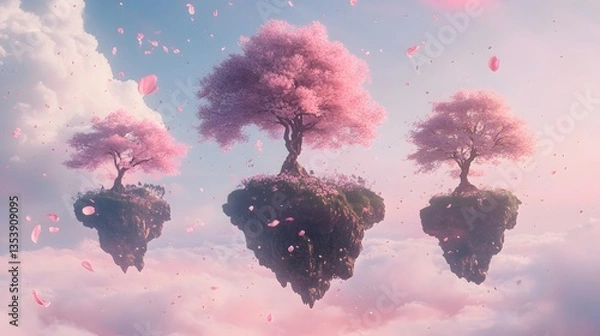 Fototapeta Floating Sakura Paradise: A dreamy depiction of ethereal islands, each crowned with a vibrant cherry blossom tree, floating amidst a sea of soft pink clouds. Petals dance gently.