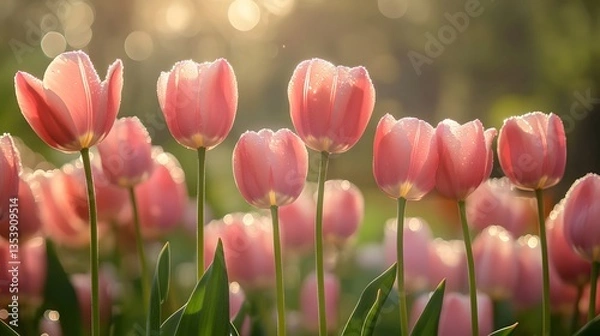Fototapeta Blossoming Tulips in Sunshine: Capturing the elegance and vitality of pink tulips in a garden, bathed in warm sunlight and adorned with a bokeh effect.