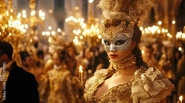 Fototapeta Masquerade Ball: Elegant reveler adorned with a feathered headdress, mask, and flowing gown amidst a glittering ballroom, embodying the allure of mystery and celebration.