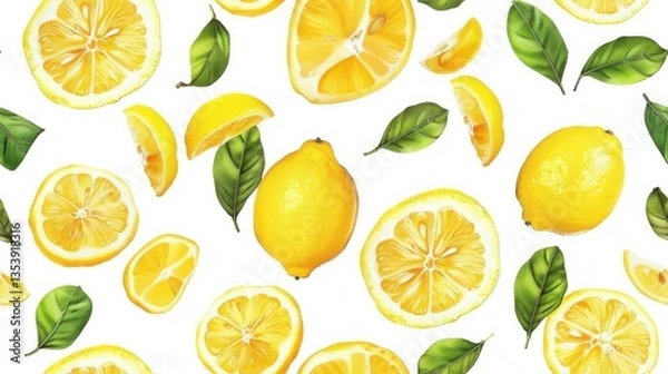 Fototapeta Bright lemon pattern on a white background, seamless and fresh.


